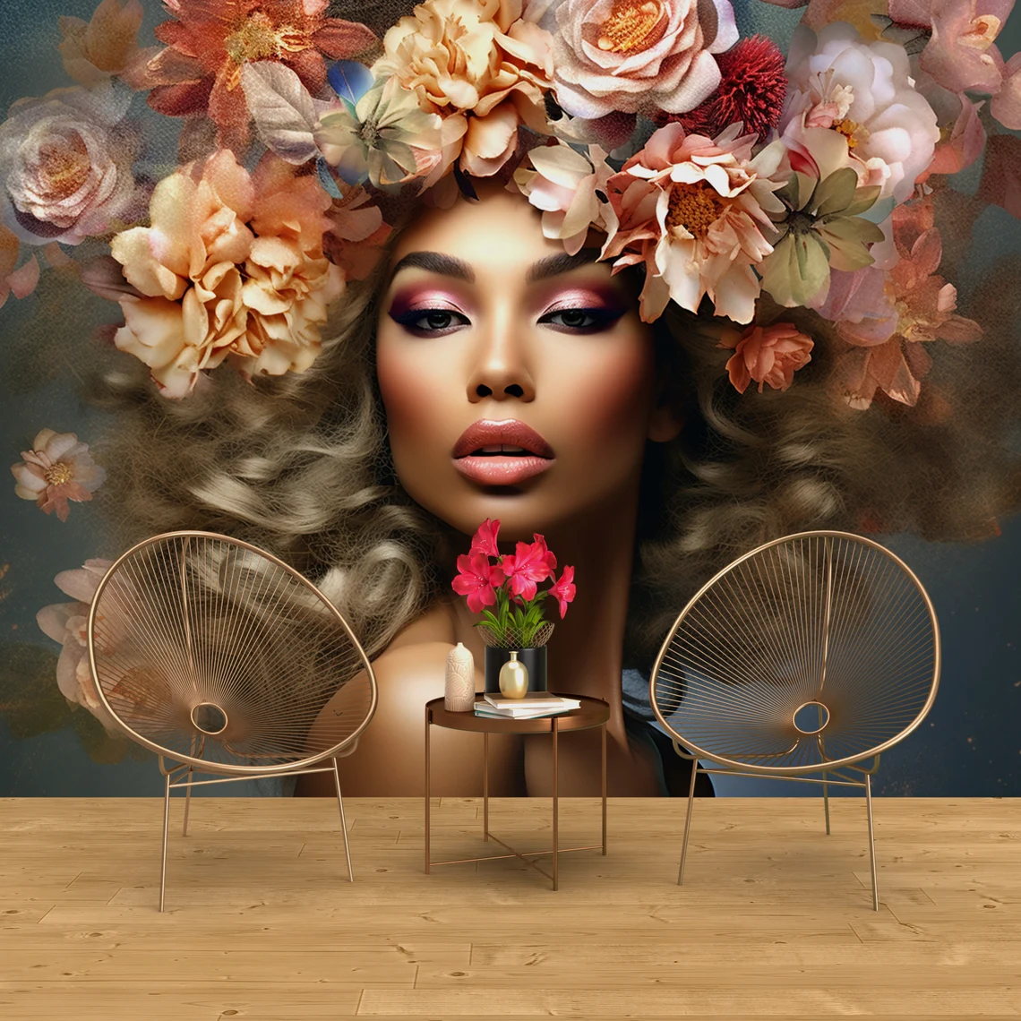 Woman with floral headpiece and artistic makeup, blending nature and beauty.